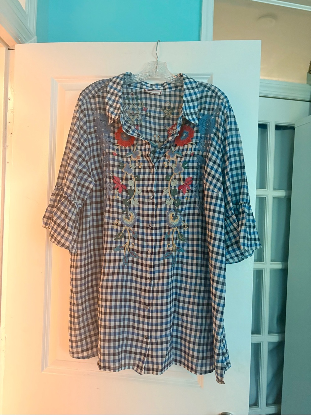 Johnny Was Blue Gingham Button-Front Top with Embroidered Label